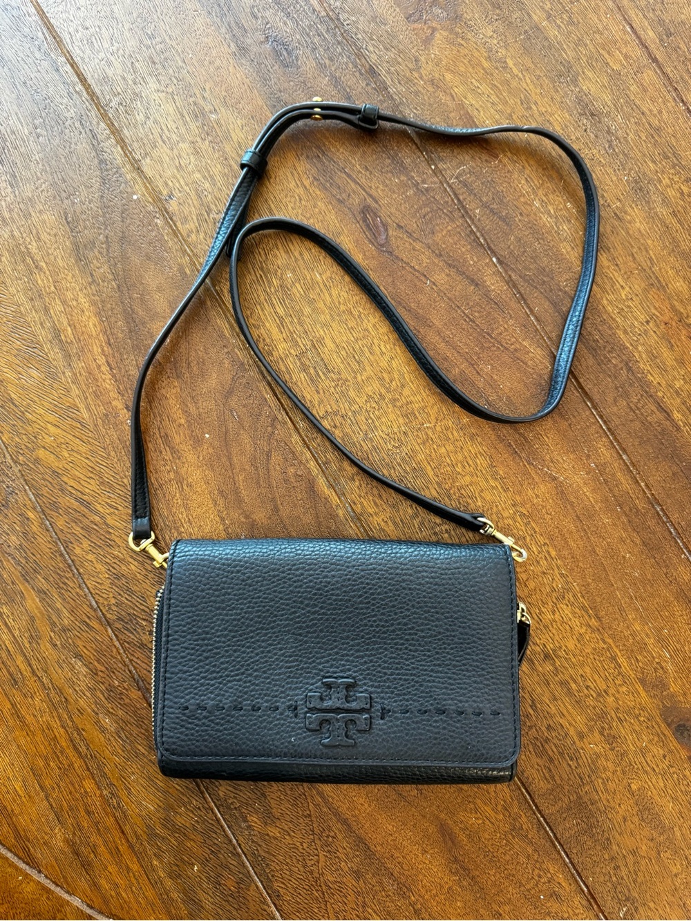 Tory Burch Black Pebbled Leather Crossbody Wallet